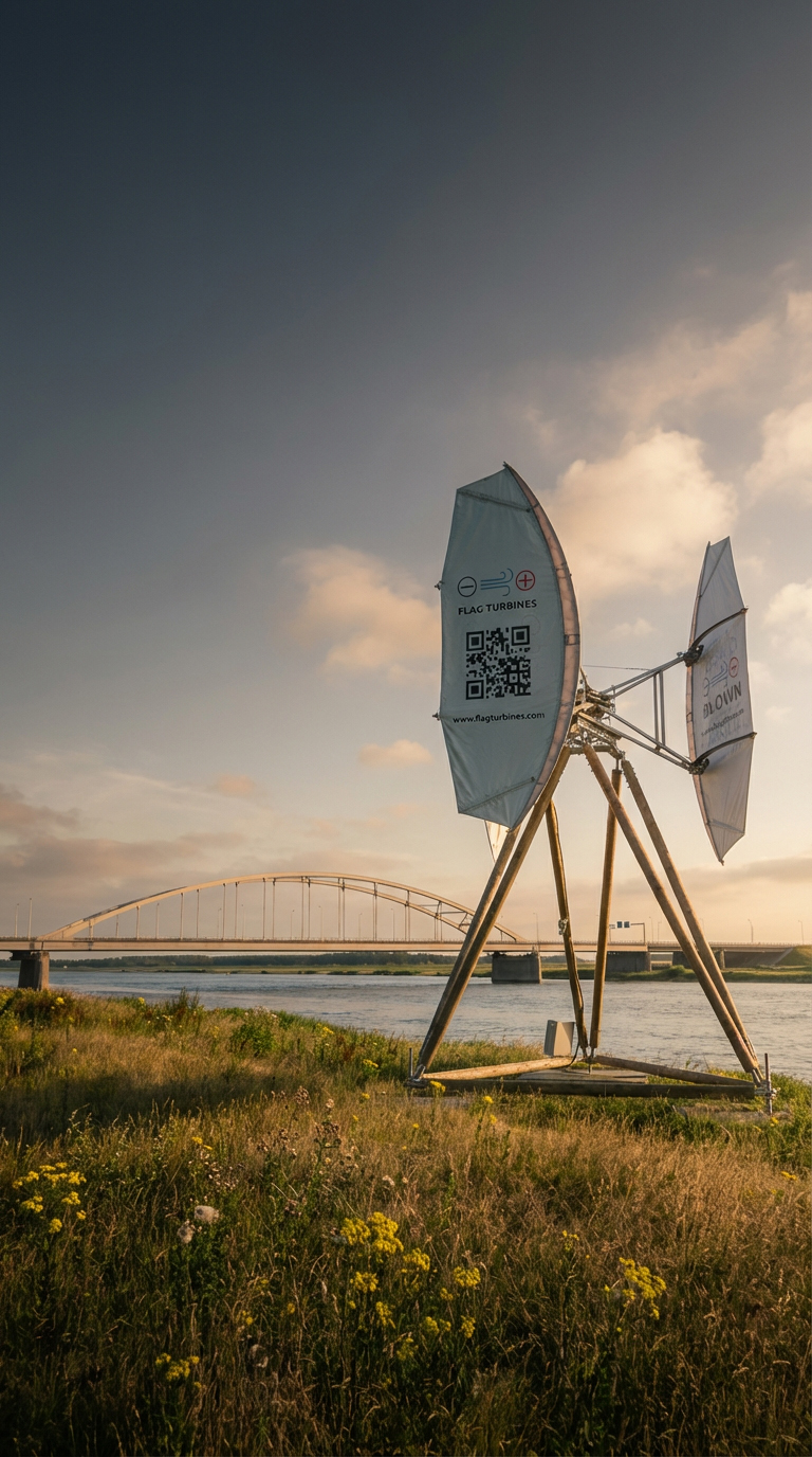 Vlagmolen Flag Turbines met op de achtergrond de Tholensebrug