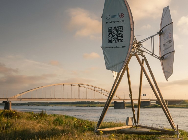 Vlagmolen Flag Turbines met op de achtergrond de Tholensebrug