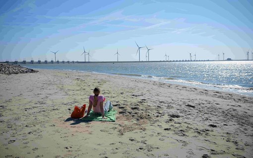 Vrouw zittend op het strand