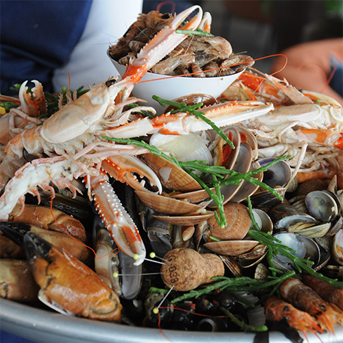 Culinair eten, schaal- en schelpdieren, vers uit Zeeland. Overvloedig. Mooi.