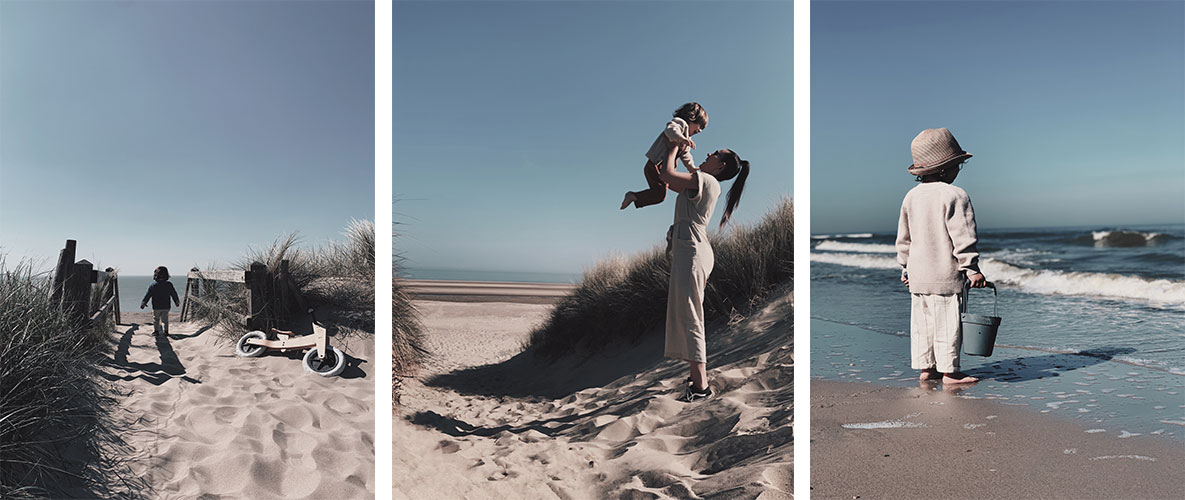 Drie foto's van mama met peuter op het strand