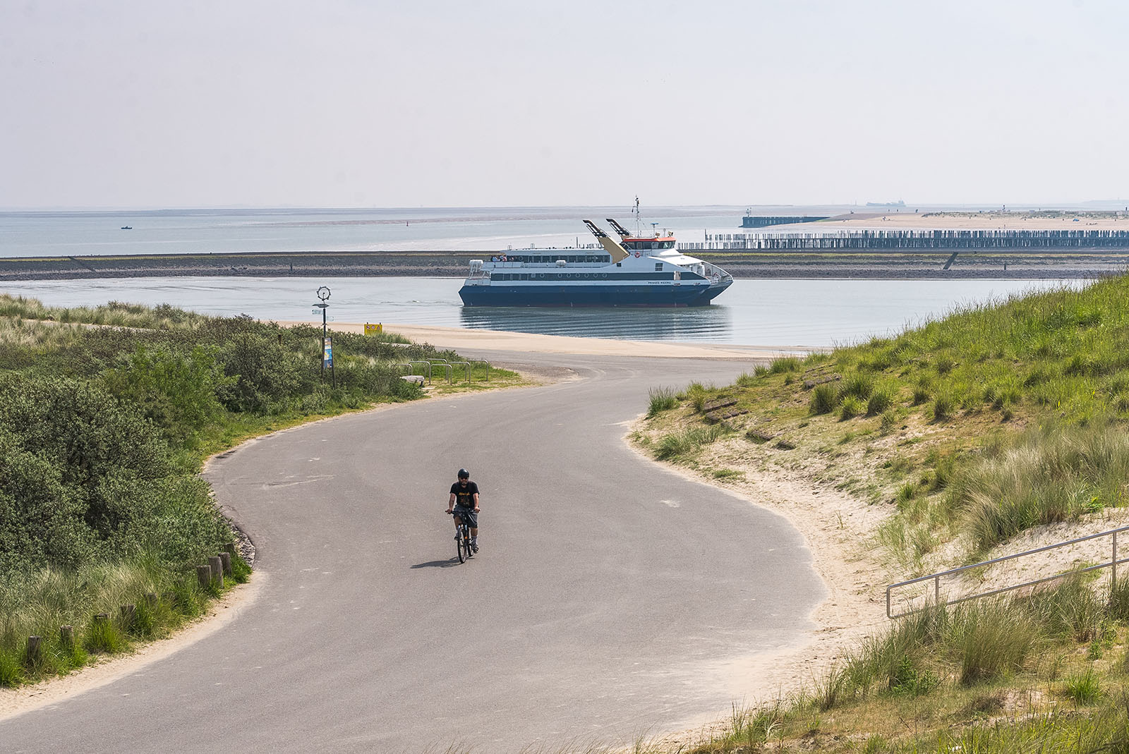 Fietser met op de achtergrond de Westerschelde Ferry